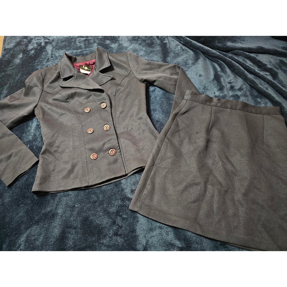 Vintage IZ California Navy Blue Skirt Suit Set Double Breasted Blazer Size 3